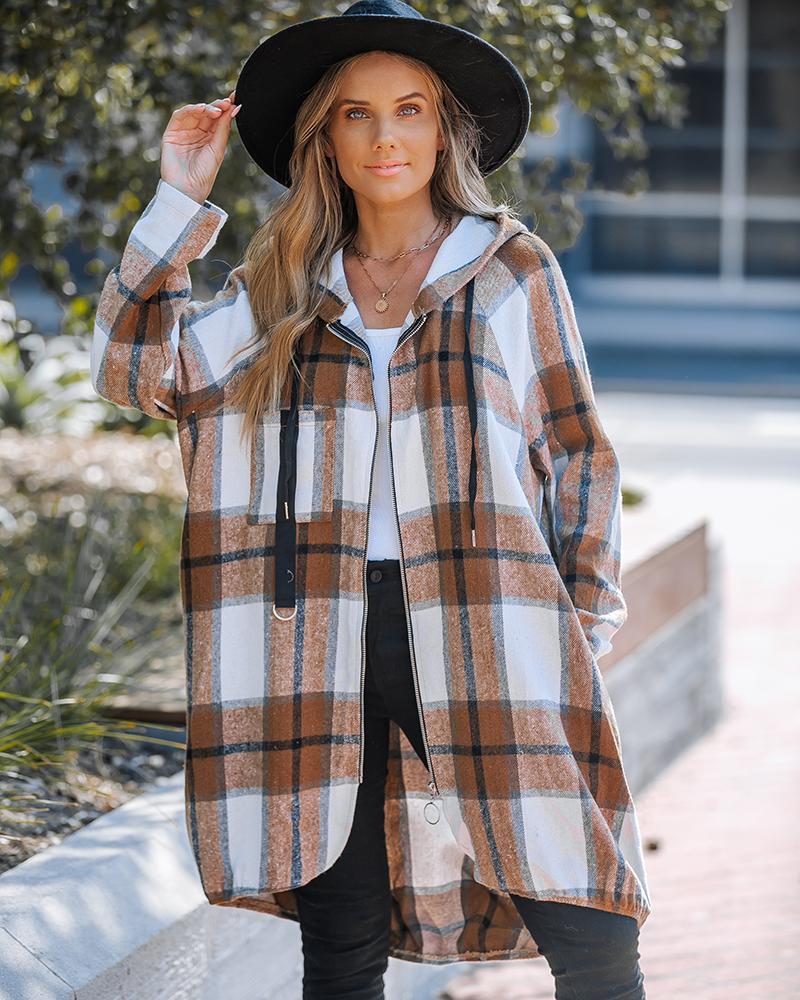 

Plaid Pattern Shacket Jacket Zip Up Oversized Longline Shirt Casual Hooded Coats with Pockets, Brown