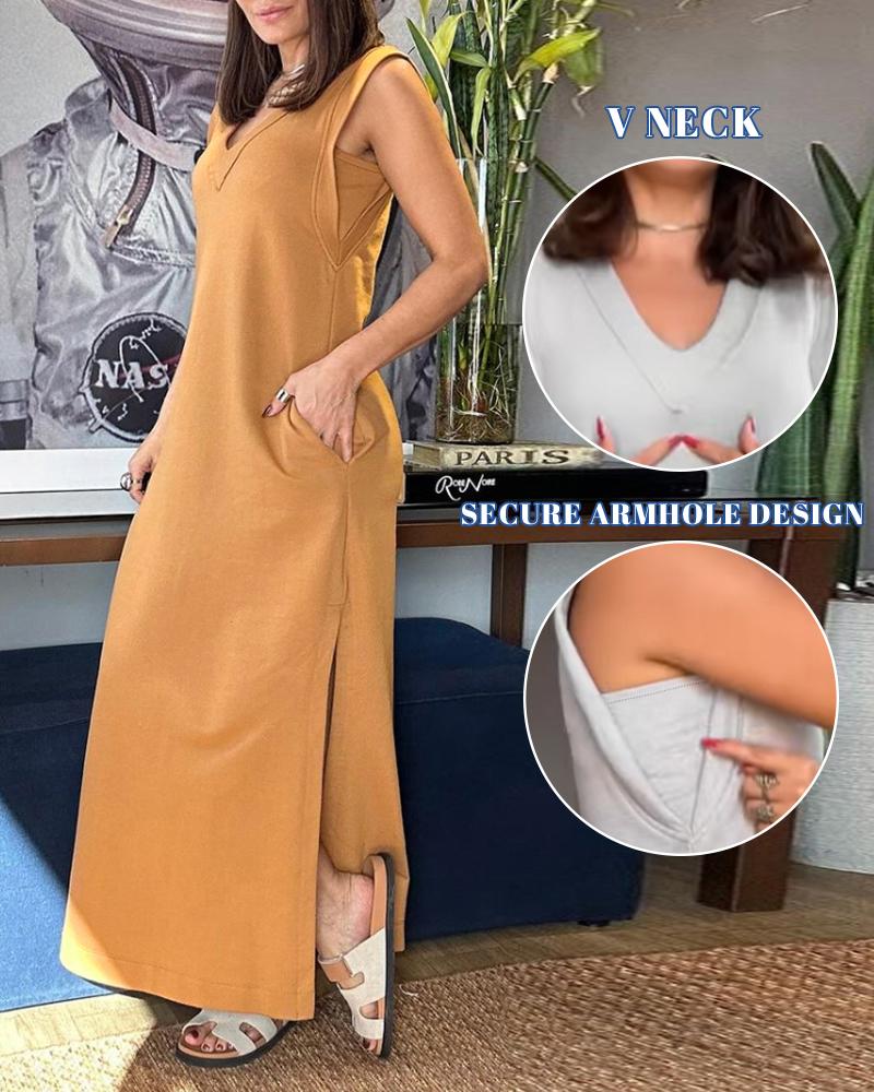 

V Neck Pocket Design Slit Casual Dress, Dark yellow