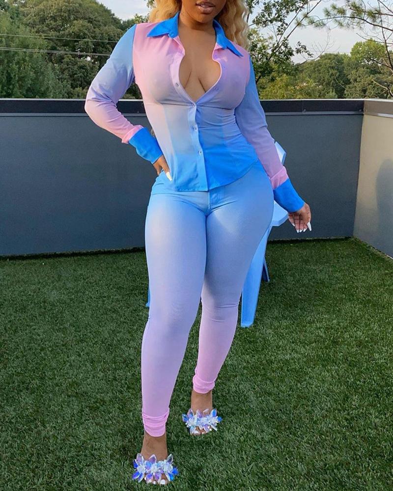 

Colorblock Buttoned Top & Skinny Pants Set, Blue