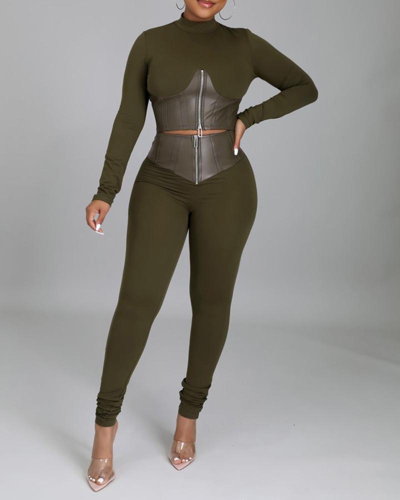 

PU Leather Patch Zipper Design Top & Pants Set, Green