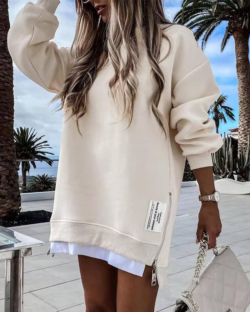 

Long Sleeve Pullover Sweatshirt Zipper Slit Casual Dress, Apricot