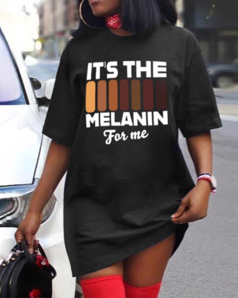 

It' The Melanin For Me Print Casual Tee Dress, Black