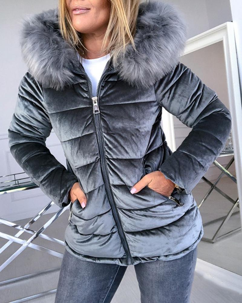 

Zipper Pocket Design Quilted Fuzzy Trim Lined Coat, Gray