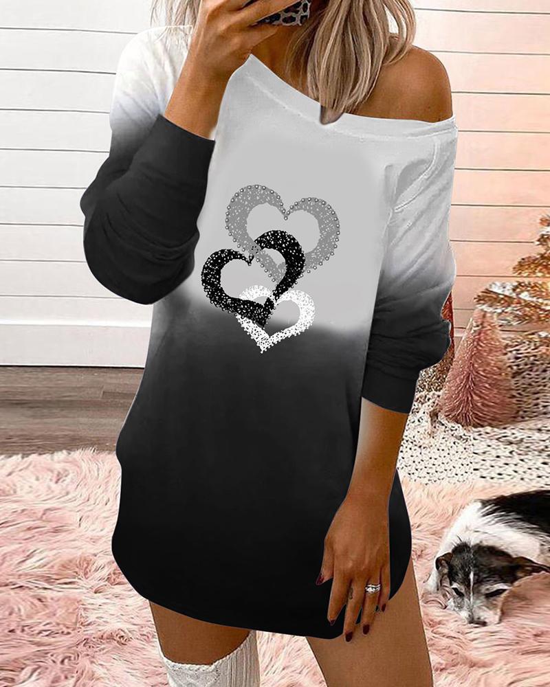 

Valentine' Day Heart Print Colorblock Long Sleeve Top, Black