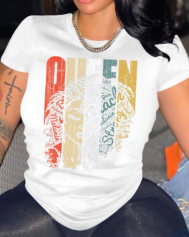 

O-Neck Figure Letter Print T-shirt, White