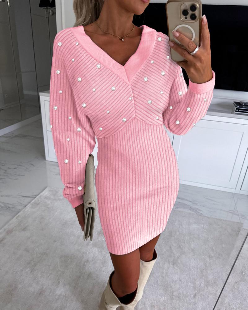 

V-Neck Beaded Long Sleeve Knit Sweater Dress, Pink
