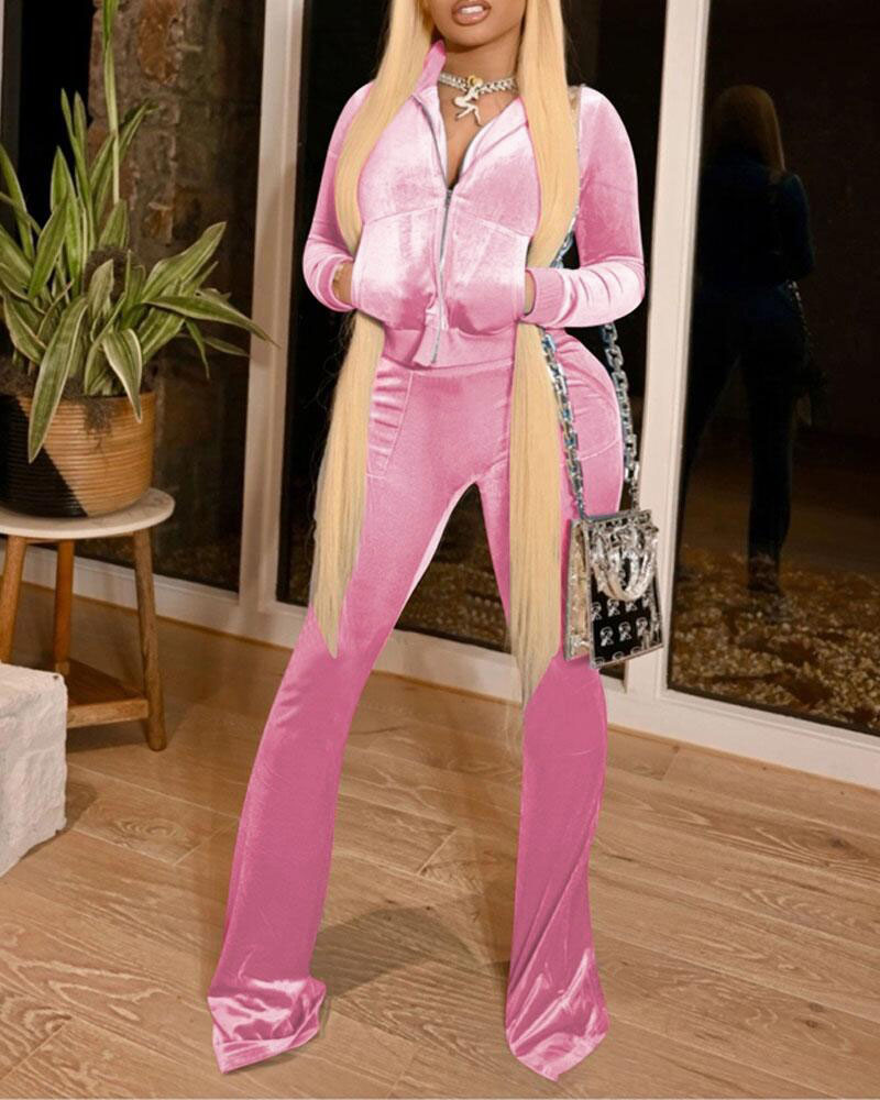 

Velvet Zip Up Crop Top & Flare Leg Pants Set, Pink