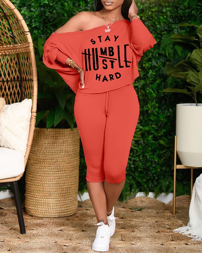 

Batwing Sleeve Letter Print Top & Drawstring Pants Set, Orange