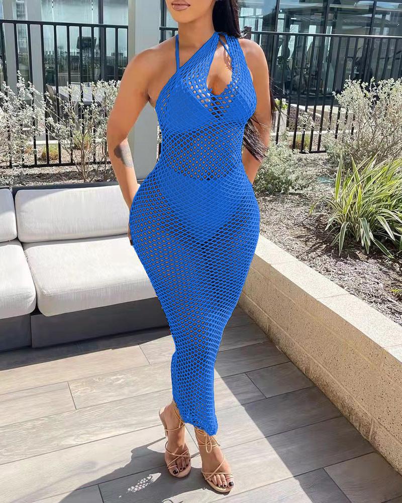 

Cutout One Shoulder Fishnet Cover Up Beach Dress, Blue