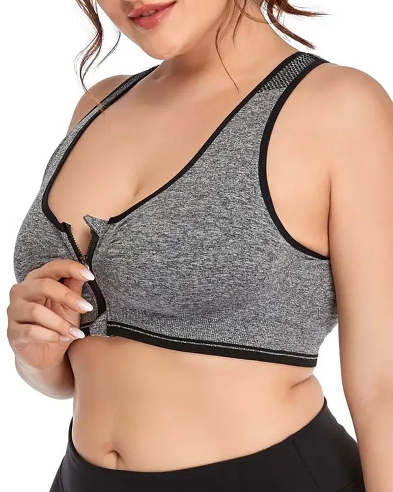 

Plus Size Zip Up Removable Padding Full Coverage Sports Bra, Gray