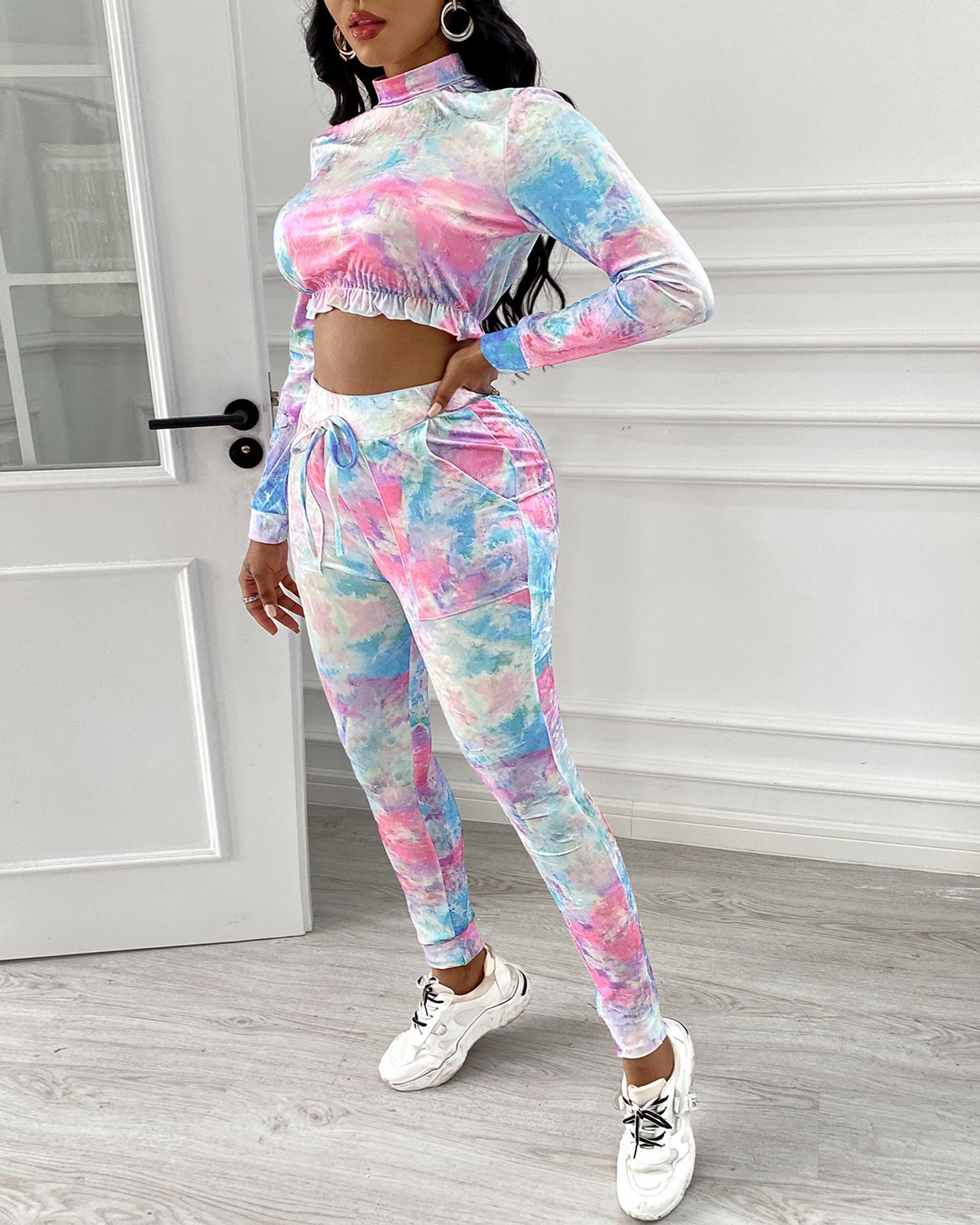 

Tie Dye Print Crop Top & Drawstring Pants Set, Multicolor