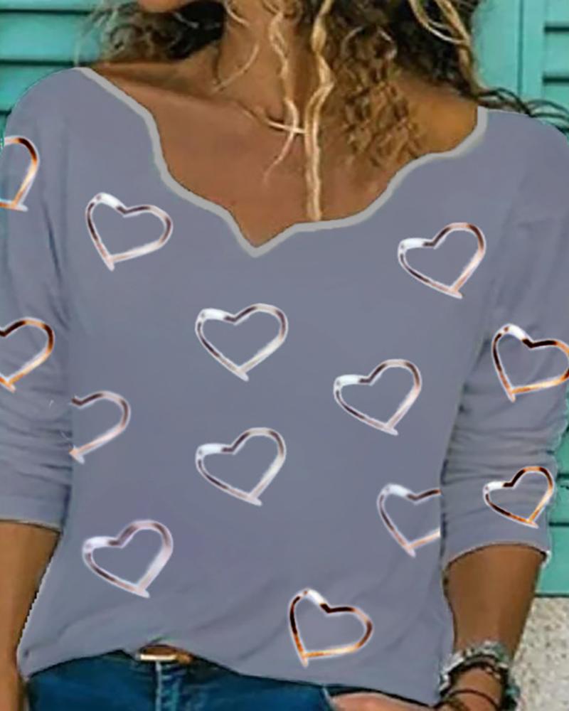 

Heart Print Long Sleeve T-shirt, Gray