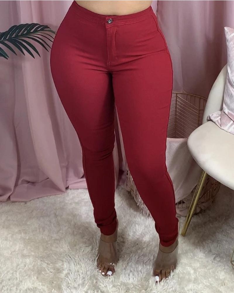 

Zipper Fly Pocket Detail Skinny Pants, Wine red