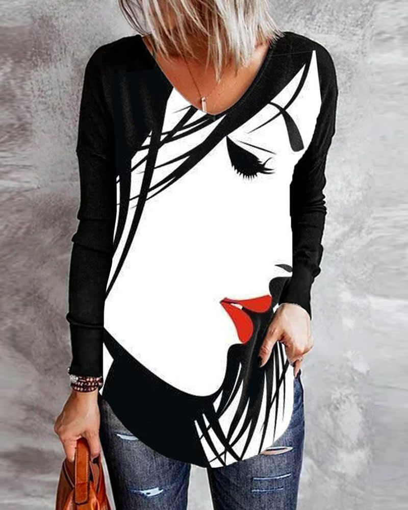 

Abstract Figure Print Curved Hem Long Sleeve Top, Black