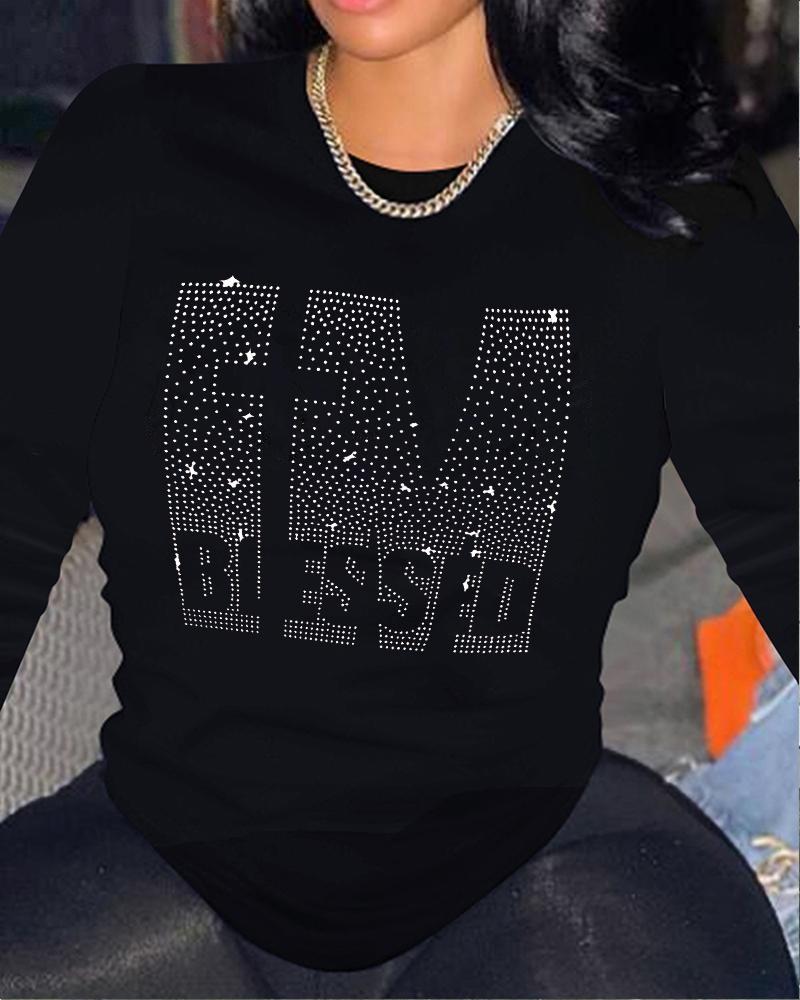 

Rhinestone Letter Pattern Long Sleeve Casual Top, Black