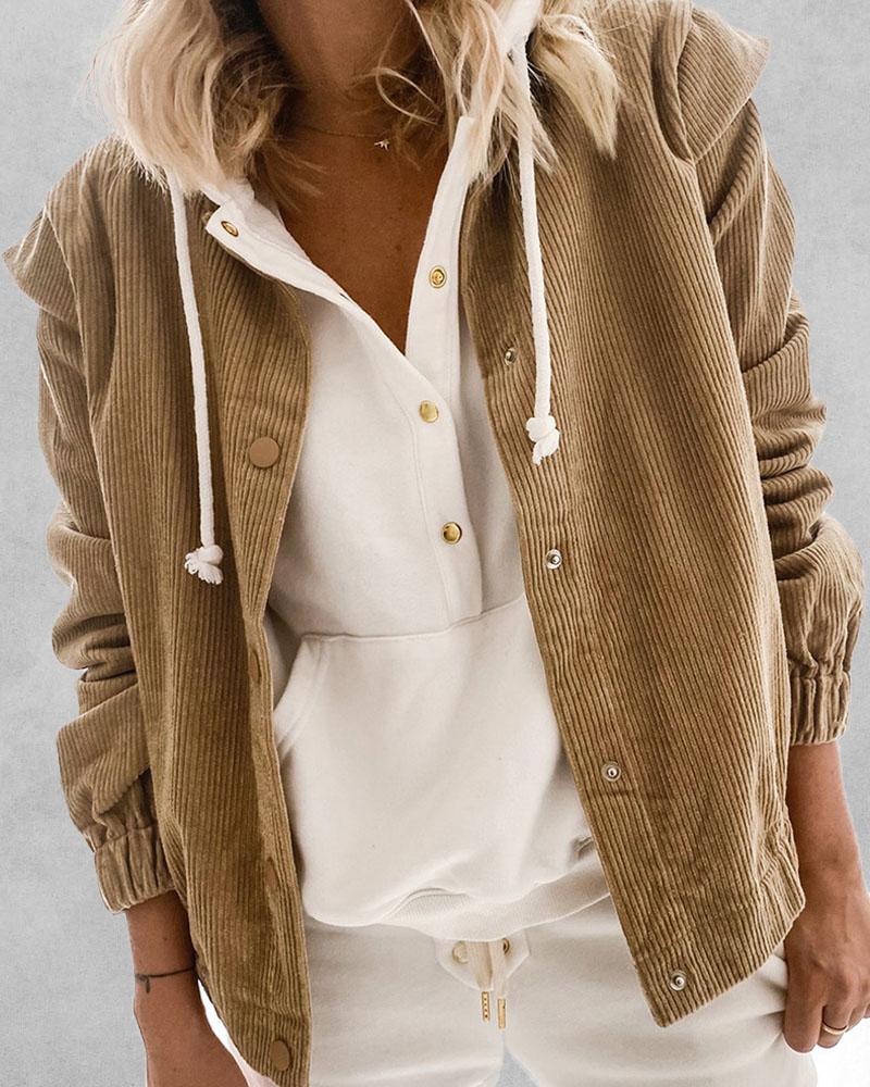 

Long Sleeve Press Button Corduroy Coat, Khaki