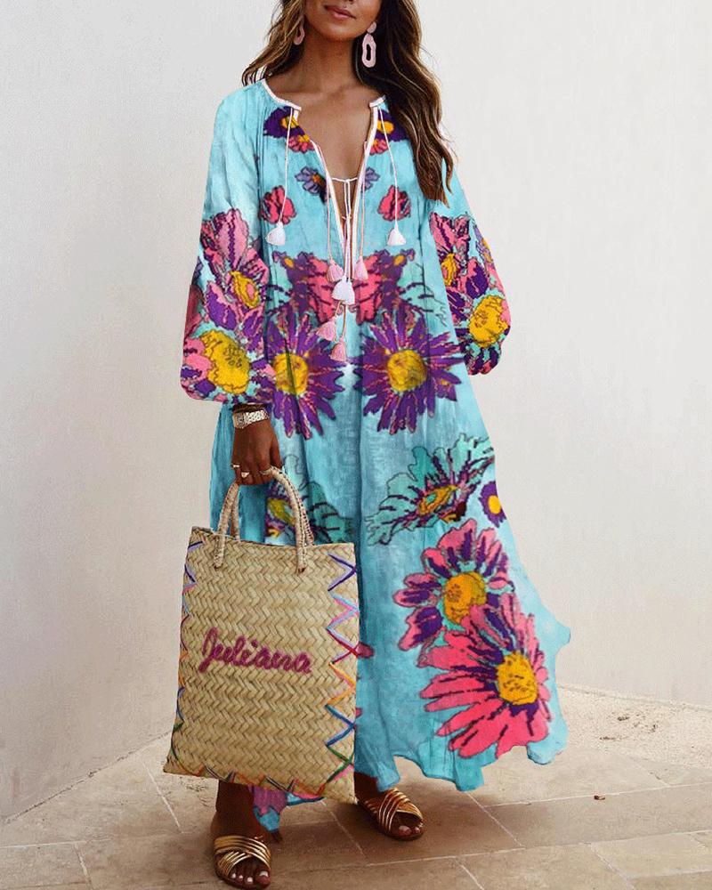 

Floral Print Lantern Sleeve Maxi Dress, Blue