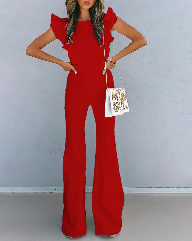 

Flutter Sleeve Cutout Ruffle Hem Jumpsuit, Red