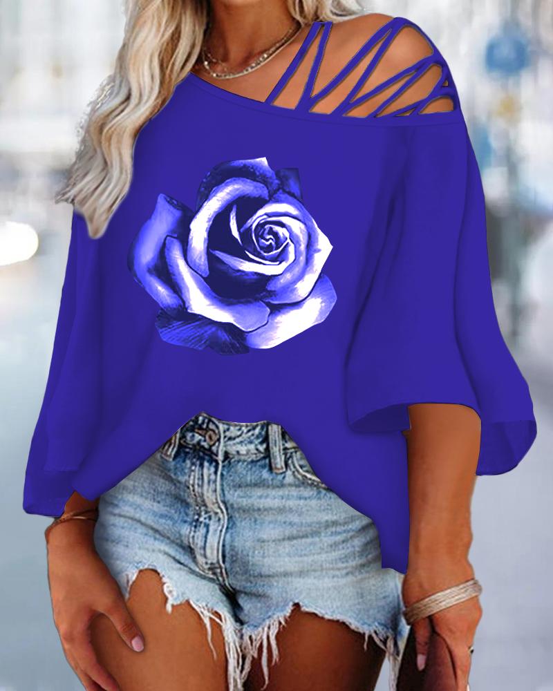 

Plus Size Rose Print Cold Shoulder Crisscross Top, Blue