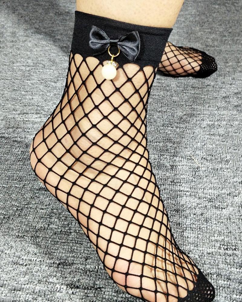 

Short Bowknot Pearls Fishnet Design Socks, Black