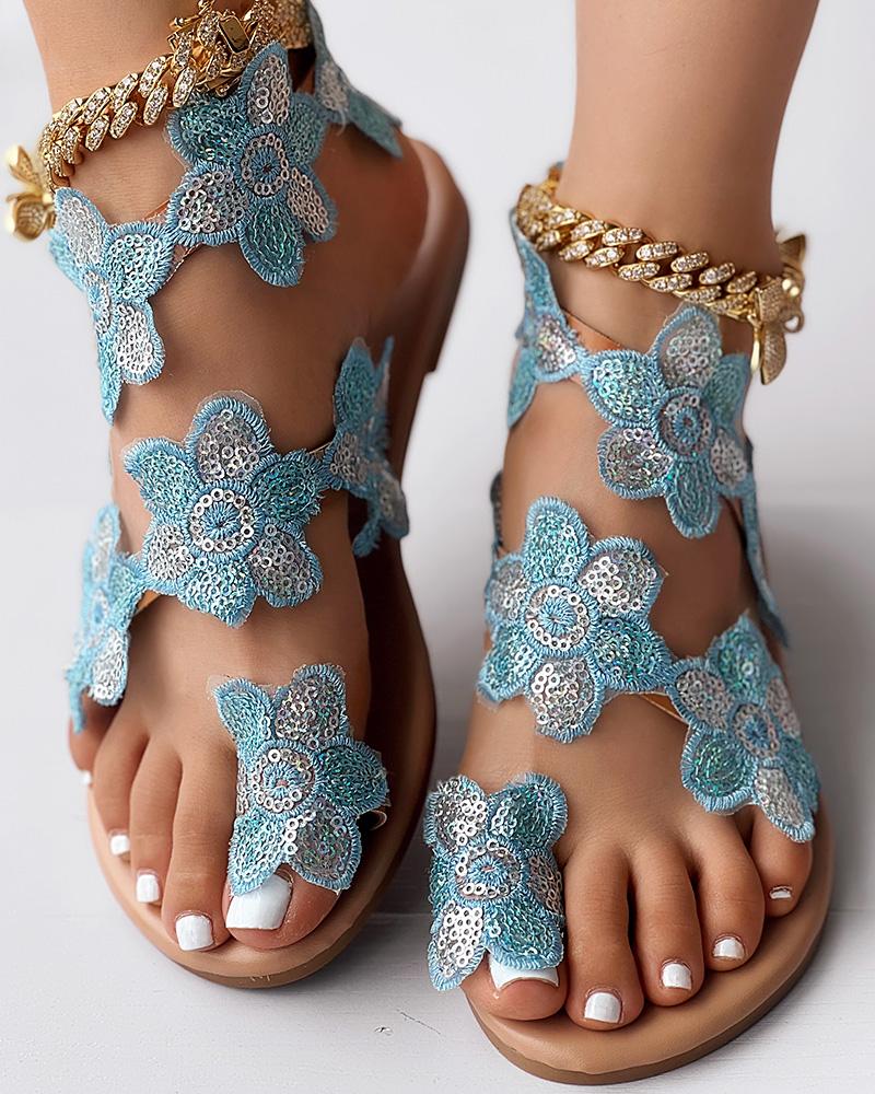 

Floral Pattern Toe Post Beach Sandals, Blue