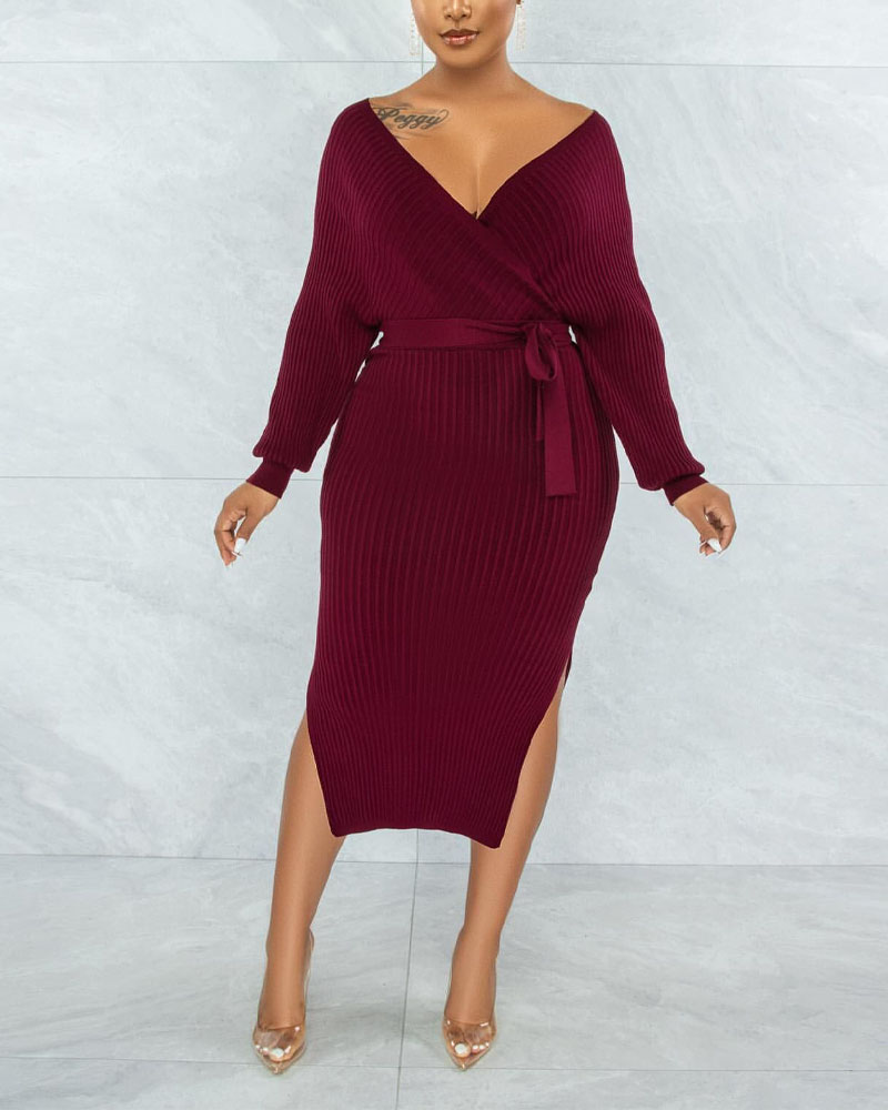 

Ribbed Long Sleeve Tie Back Split Hem Wrap Dress, Wine red