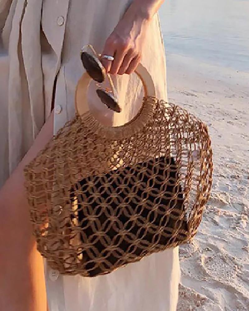 

Straw Fishnet Round Handle Beach Bag, Coffee