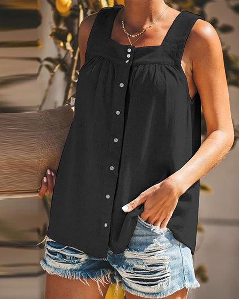 

Button Design Square Neck Casual Tank Top, Black