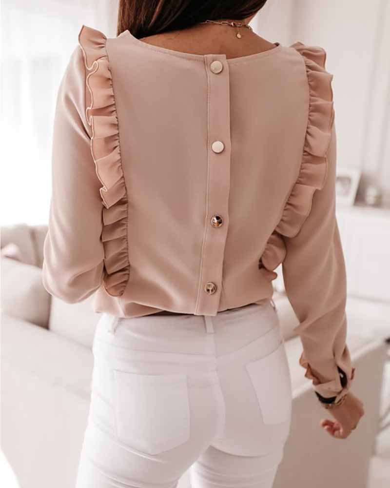

Long Sleeve Button Decor Frill Hem Top, Pink