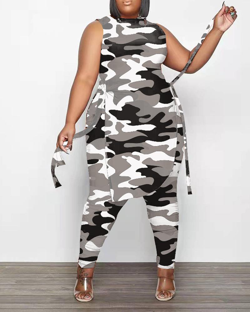 

Plus Size Camo Print Split Hem Tank Top & Pants Set, Gray