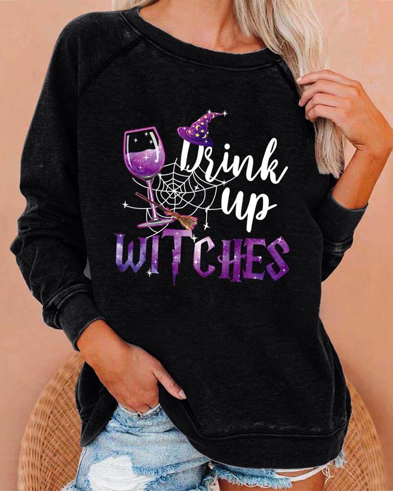 

Halloween Graphic Letter Print Long Sleeve Top, Black