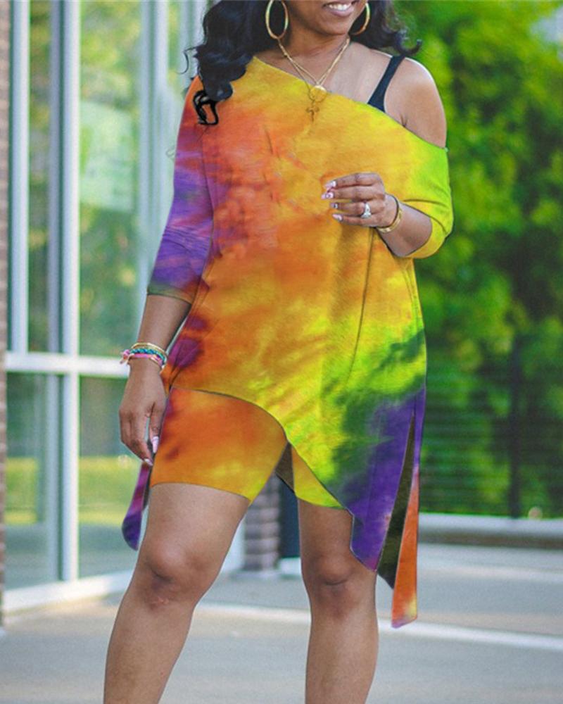 

Tie Dye Slash Neck Asymmetrical Split Top & Shorts Set, Yellow
