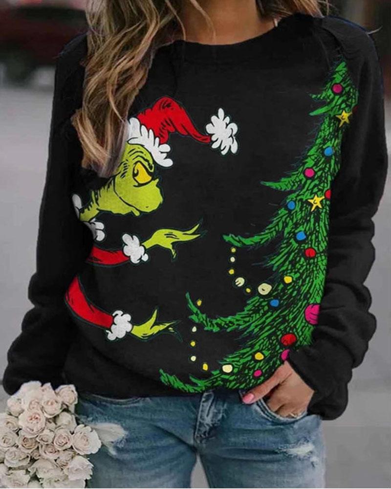 Plus Size Graphic Stole Christmas Print Long Sleeve Top