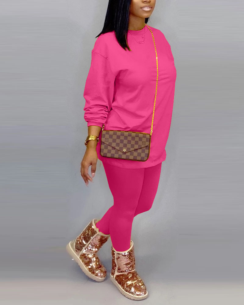 

Long Sleeve Casual Top & Pants Set, Hot pink