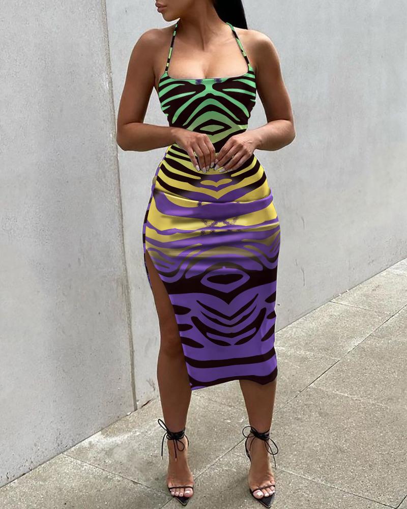 

Zebra Stripe Print Cisscross Backless High Slit Party Dress, Multicolor