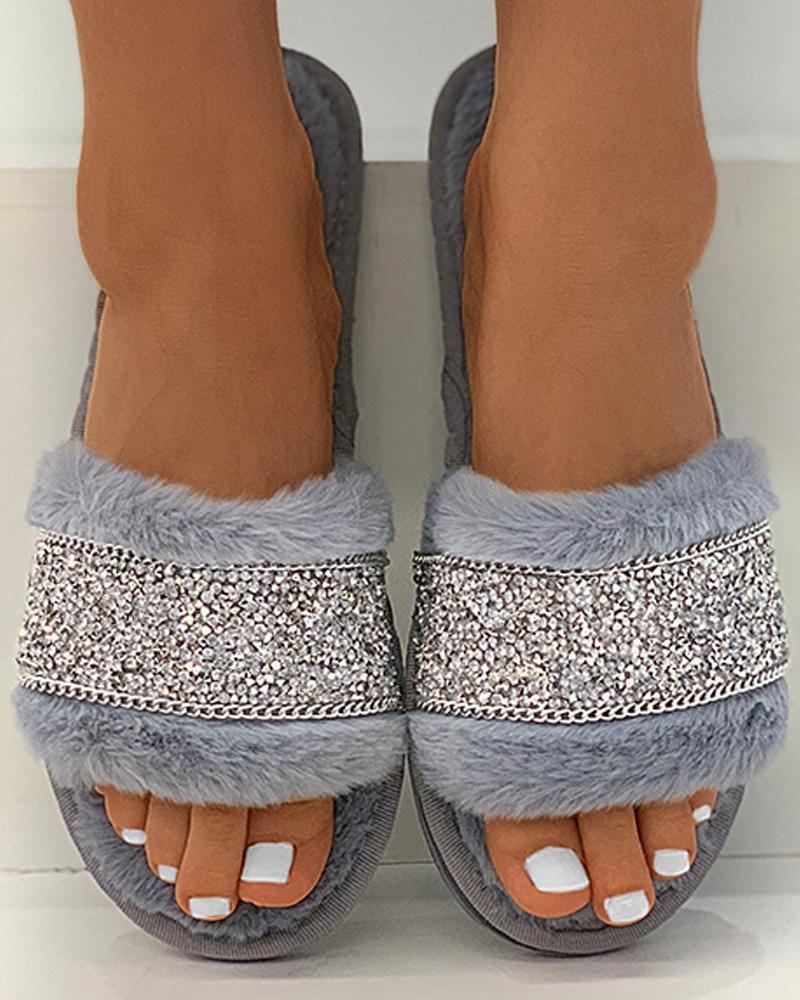 

Studded Chain Decor Fluffy Slippers, Gray