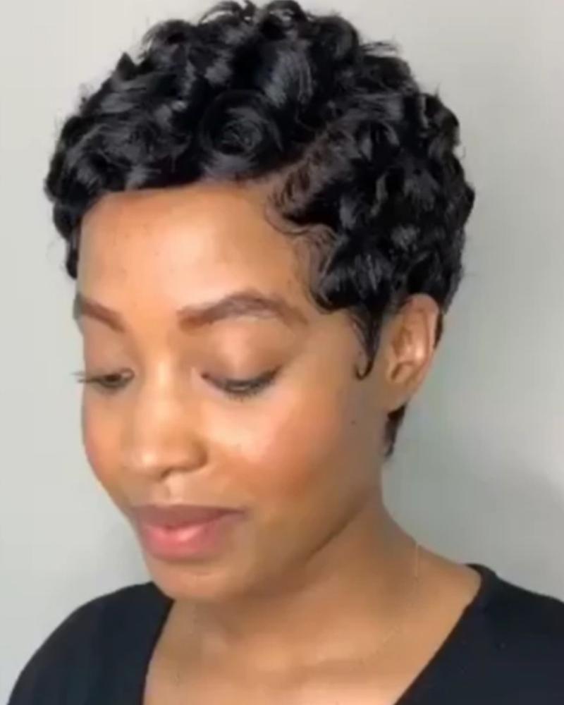 

Synthetic Wig Curly Afro Curly Pixie Cut With Bangs Wig Short Brown Black Synthetic Hair
