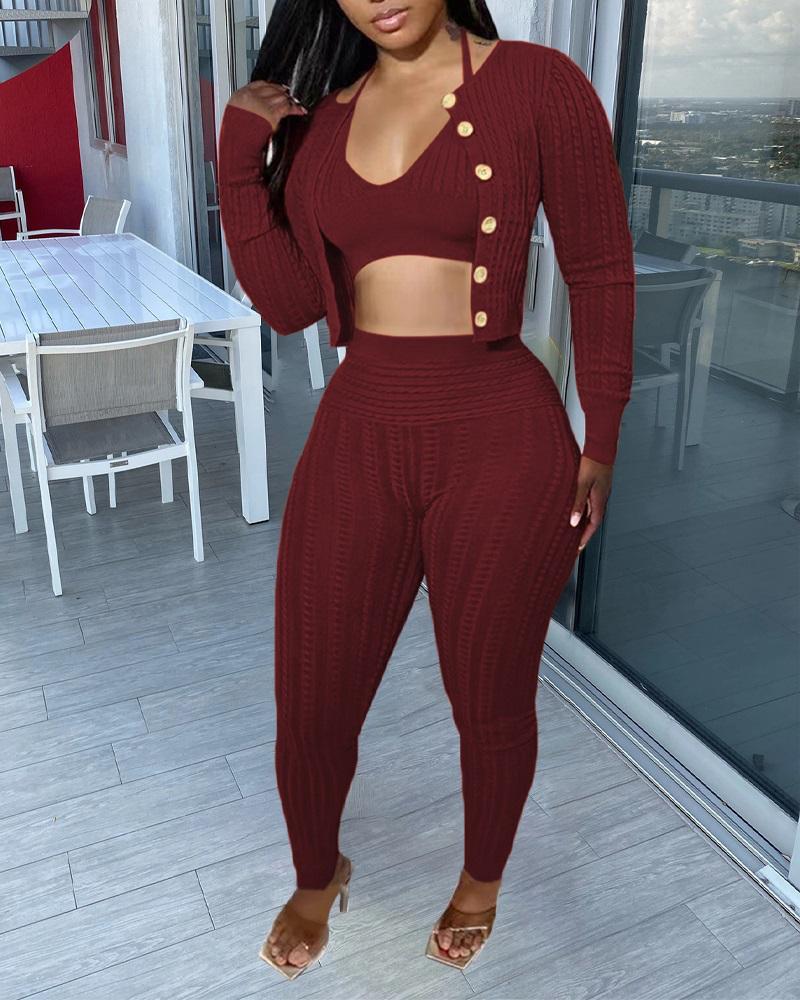 

3PCS Cable Knit Crop Top & High Waist Pants Set With Cardigan, Wine red