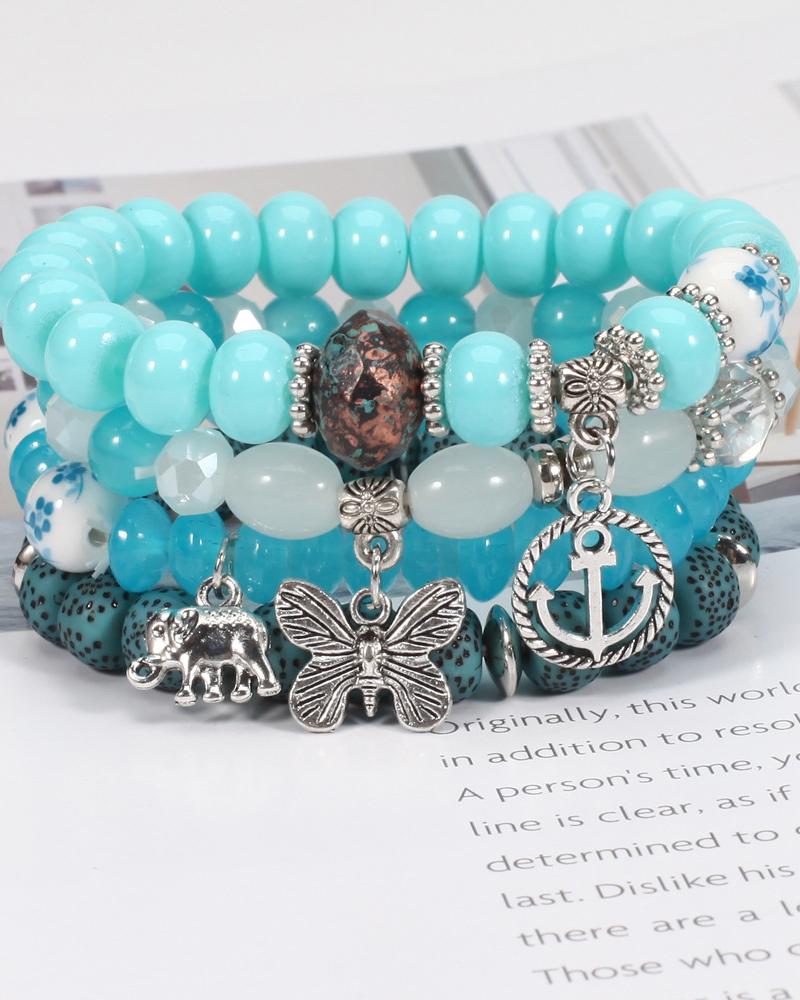 

4pcs Elephant Anchor Butterfly Shaped Pendant Stackable Bohemian Layered Beaded Unisex Bracelets Set, Blue