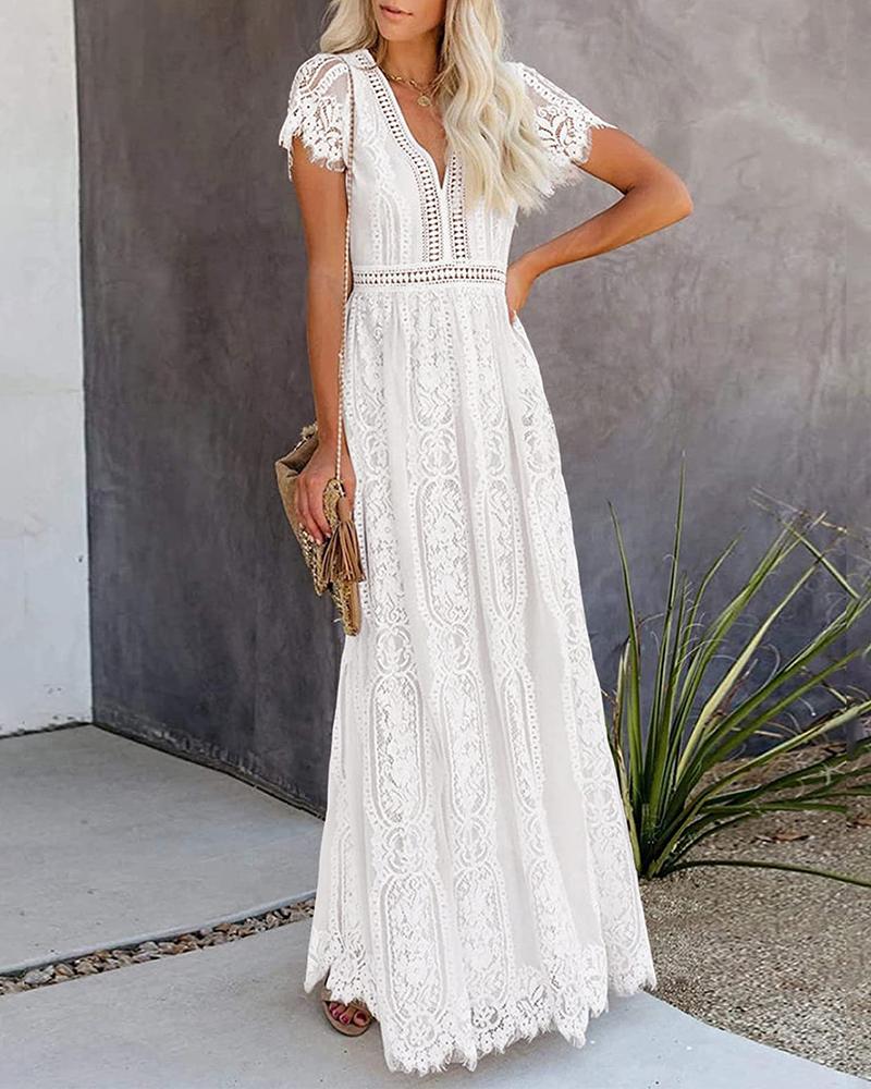 

V-Neck Eyelash Crochet Lace Maxi Dress, White