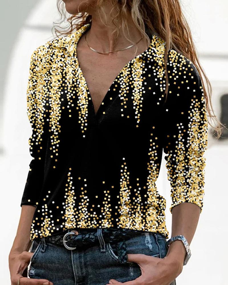 

Long Sleeve Casual Print Top, Gold