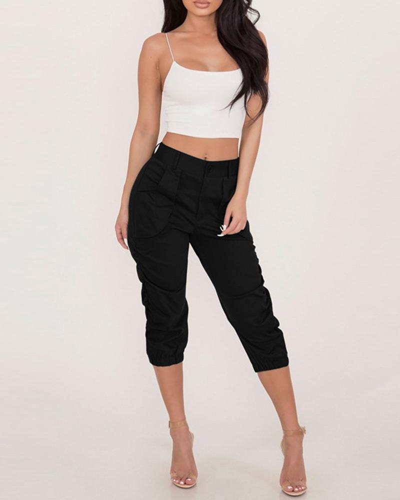 

Pocket Detail Ruched Capris Tapered Pants, Black