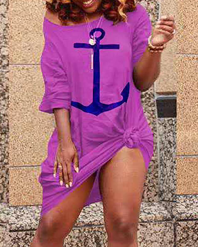 

Boat Anchor Print Pockets Casual Dress, Purple