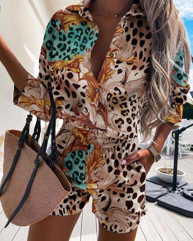 

Leopard Print Button Front Casual Shirt & Shorts Set