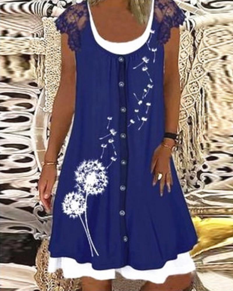 

Dandelion Print Contrast Lace Casual Dress, Blue