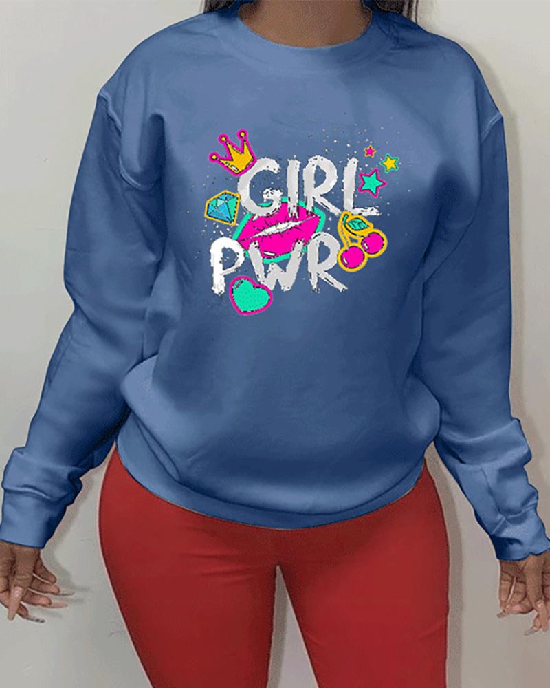 

Letter Lip Mixed Print Long Sleeve Sweatshirt, Blue