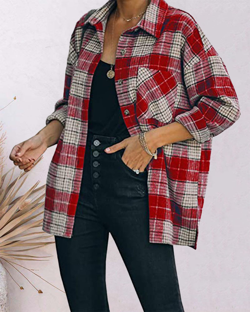 

Plaid Print Long Sleeve Button Down Shacket, Red