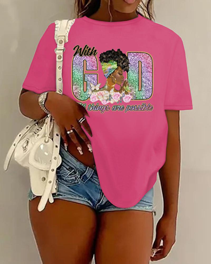 

God Figure Print Crew Neck Casual T-shirt, Hot pink