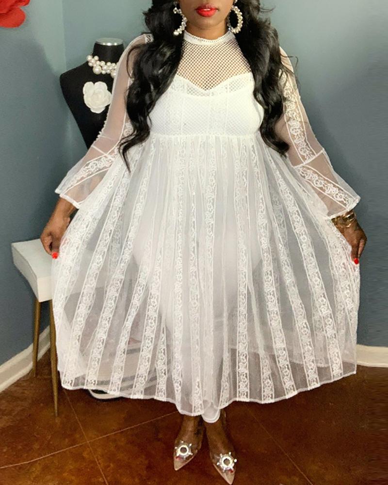 

Crochet Lace Fishnet Patch Mesh Prom Dress, White