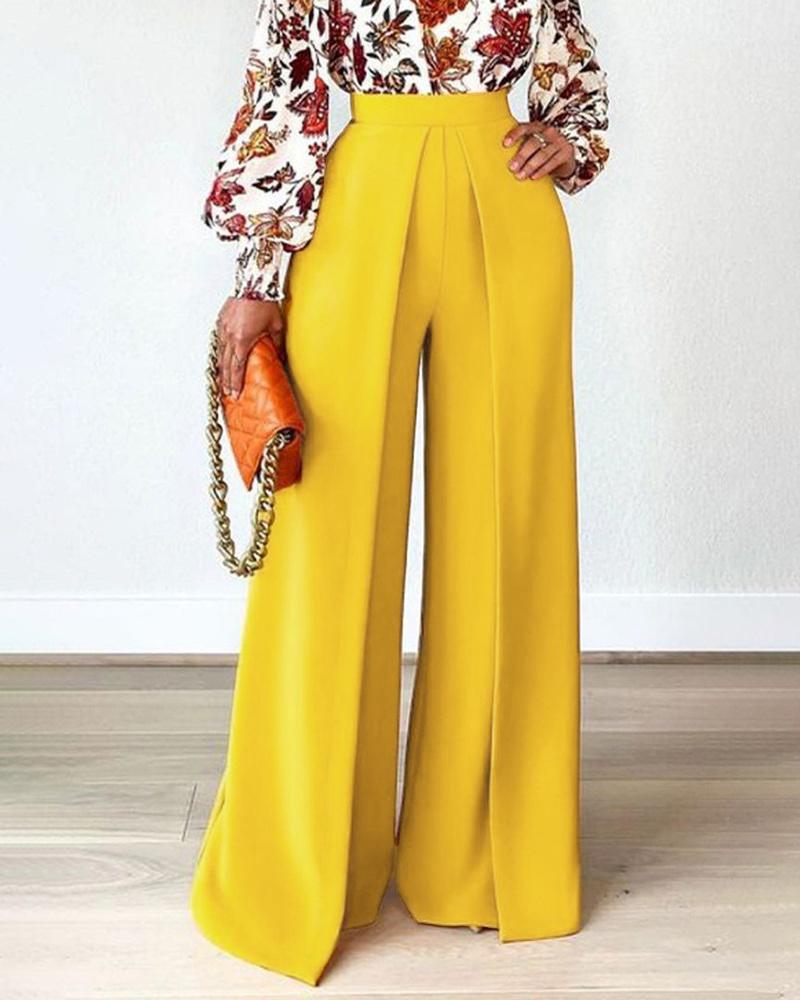 

High Waist Wide Leg Ruched Pants, Yellow